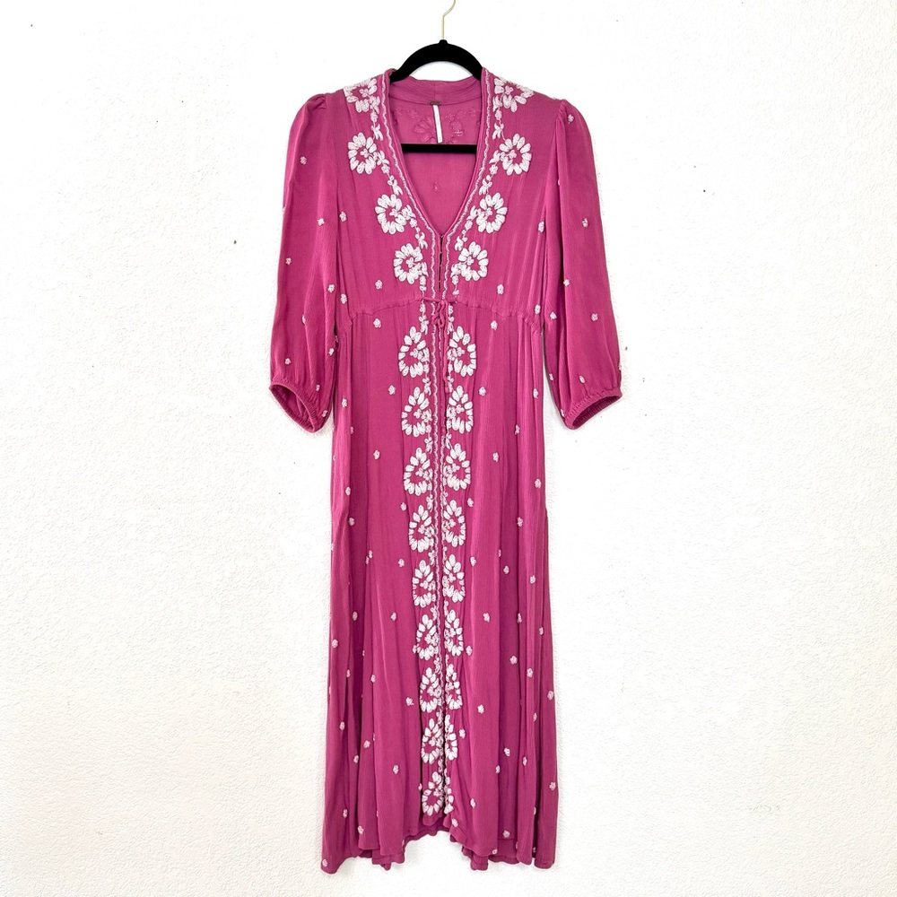 Free People Embroidered Fable Midi Dress - Raspberry Size Small - Picture 2 of 13